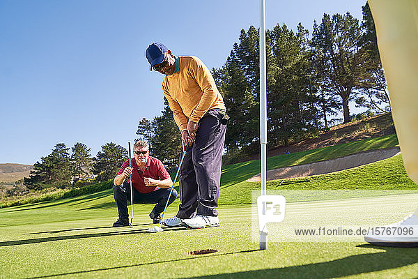 Männlicher Golfer beim Einlochen auf dem sonnigen Golfplatz Putting Green