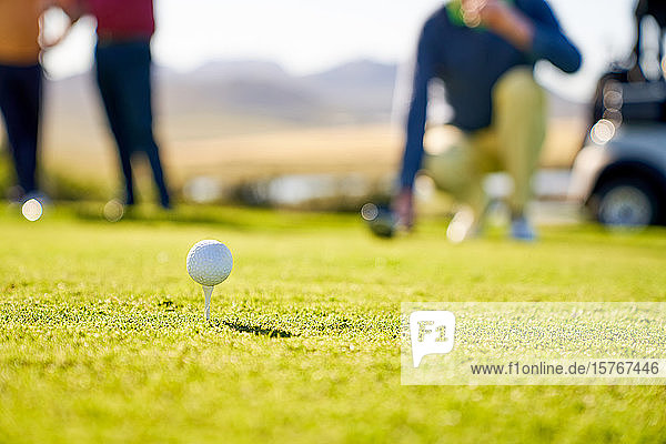 Golfball auf dem Abschlag im Gras auf einem sonnigen Abschlagplatz