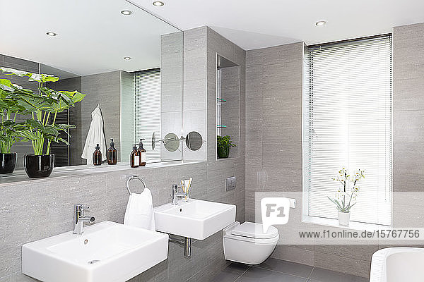 Modernes graues und weißes Badezimmer mit doppeltem Waschtisch