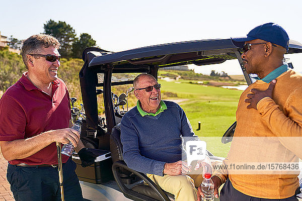 Männliche Freunde unterhalten sich am Golfwagen auf einem sonnigen Golfplatz