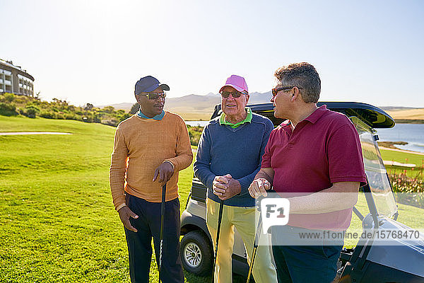 Ältere männliche Golfer unterhalten sich am sonnigen Golfwagen