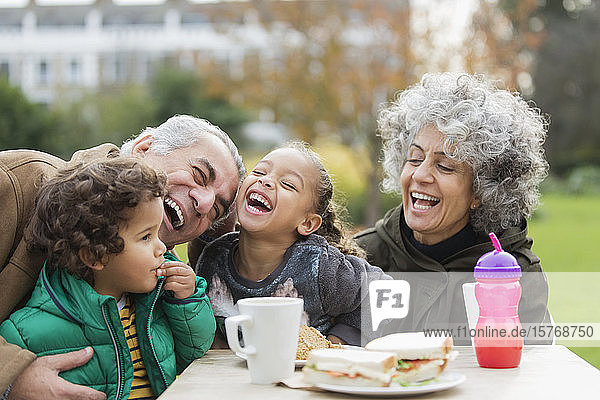 Verspielte Großeltern und lachende Enkelkinder beim Mittagessen im Park