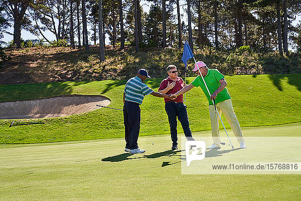 Male golfers shaking hands on sunny golf course putting green