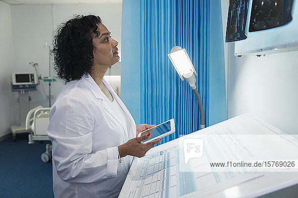 Fokussierte Ärztin mit digitalem Tablet  die Röntgenbilder in einem Krankenhauszimmer untersucht