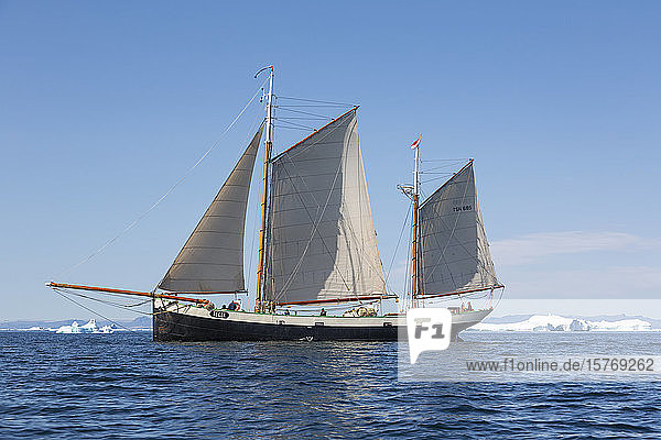 Schiff auf dem sonnigen arktischen Atlantik in Grönland