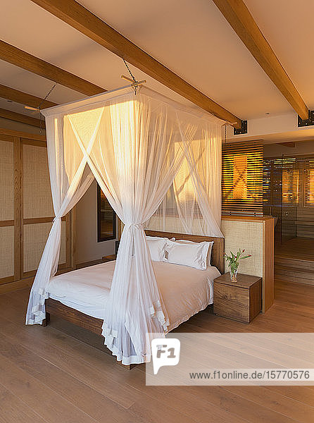 White gauze curtains on canopy bed in modern luxury home showcase interior bedroom
