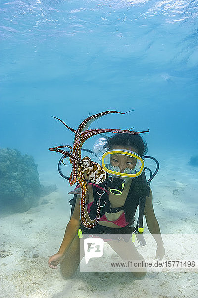Vorsichtig und neugierig zugleich betrachtet ein Taucher einen Tagkraken (Octopus cyanea); Rarotonga  Cook Inseln