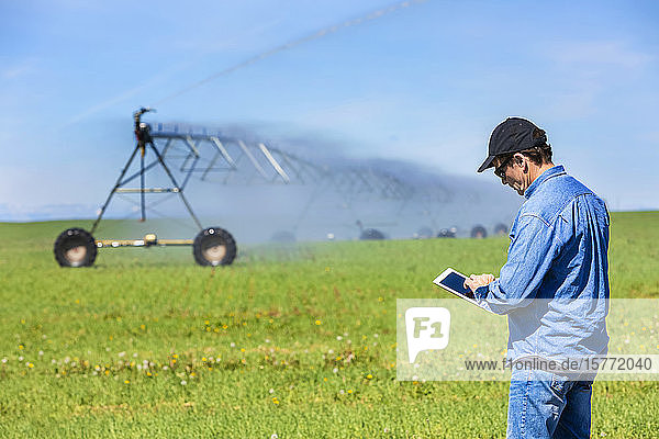 Farmer using a tablet on a farm field with irrigation; Alberta  Canada
