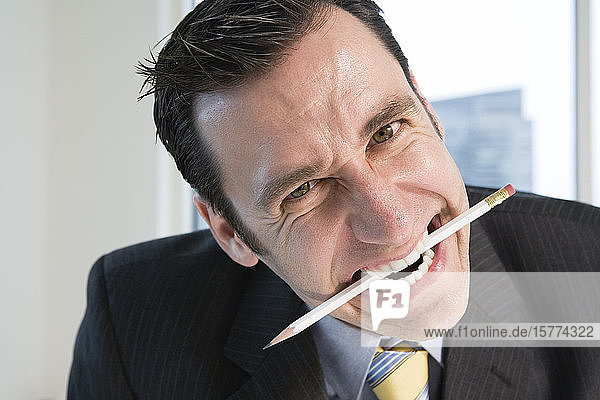 Portrait of a businessman holding pencil in an office.