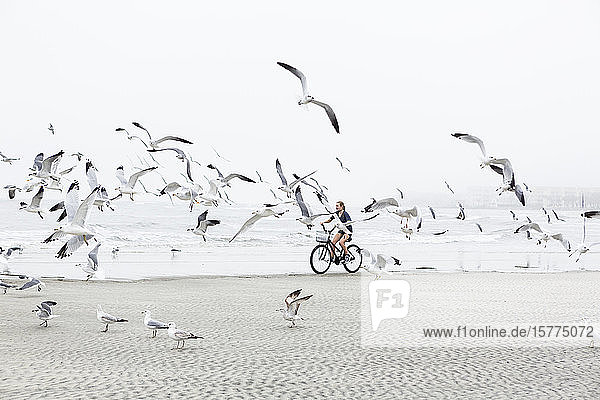 Ein junges Mädchen mit dem Fahrrad an einem Sandstrand am Meer