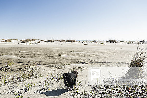A six year old boy in soft white sand dunes  bending down to inspect something.