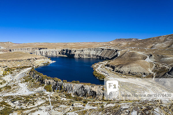 Aerial of the deep blue lakes of the Band-E-Amir National Park Afghanistan Asia