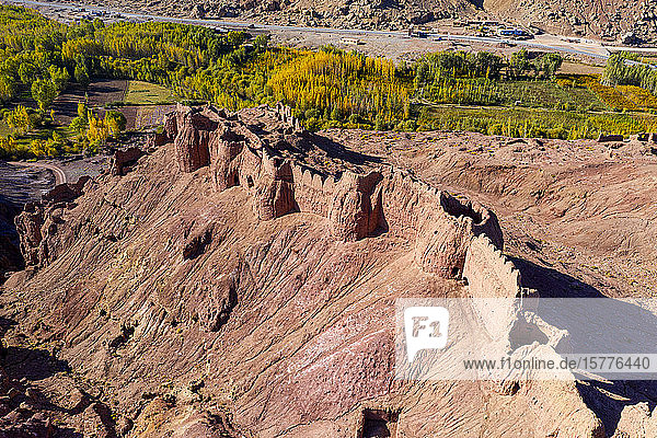 Aerial by drone of Shahr-e Zuhak. the red city  Bamyan  Afghanistan  Asia
