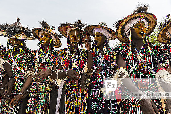 Wodaabe-Bororo men with faces painted at the annual Gerewol festival courtship ritual competition among the Wodaabe Fula people Niger West Africa Africa