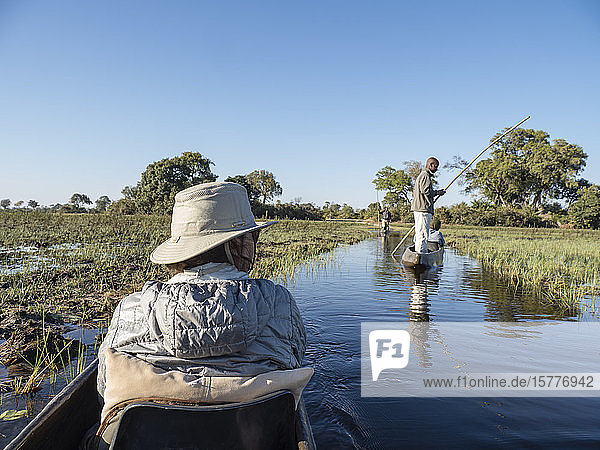 Tourists being poled through the shallow water by Mokoro in the Okavango Delta Botswana Africa