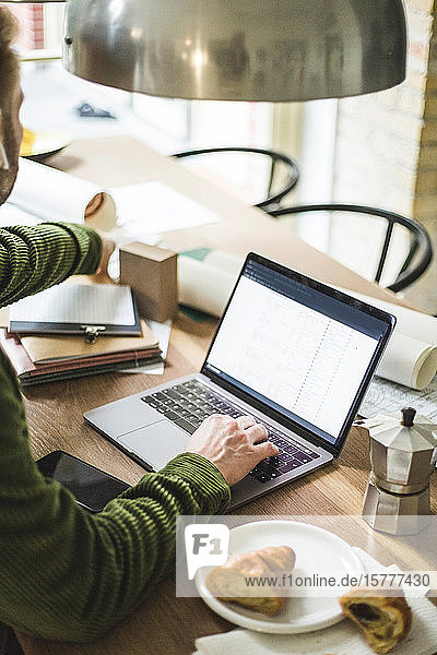 Männlicher Unternehmer benutzt Laptop bei der Arbeit zu Hause