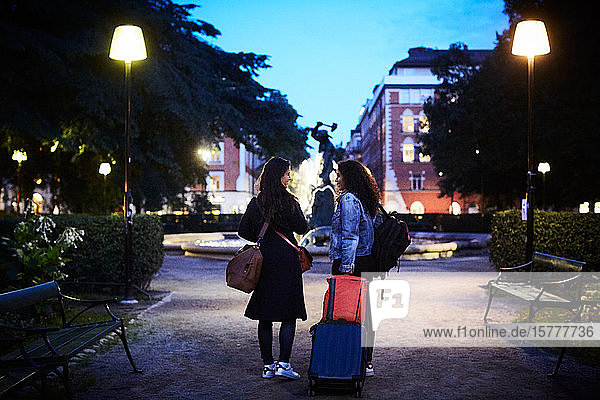 Rückansicht eines lesbischen Paares mit Gepäck  das nachts im Park steht