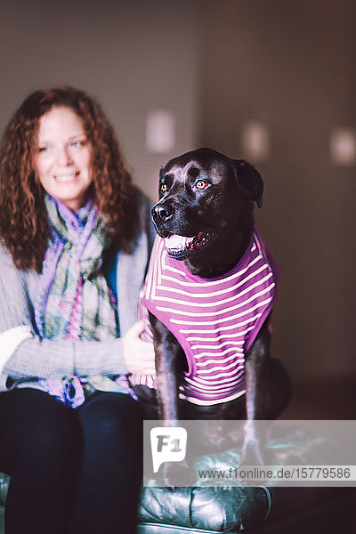 Frau und Haushund im T-Shirt