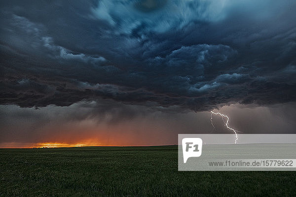 Asperatuswolken bei Sonnenuntergang und Blitzschlag von Wolke zu Boden  Ogallala  Nebraska  USA