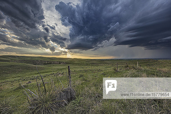 Thunderstorm forms at sunset over rural Ogallala Nebraska US
