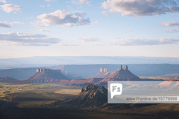 View of the landscape and sandstone formations in Utah.