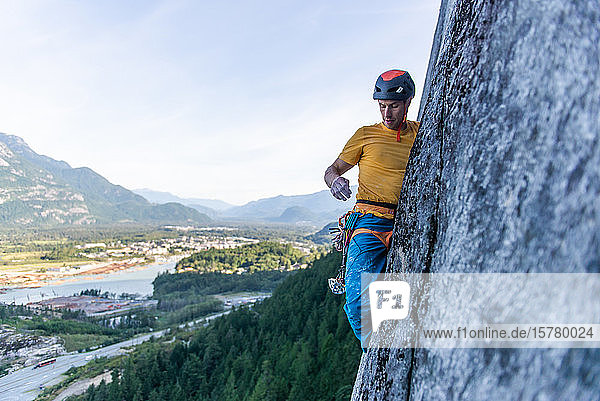 A climber traditional climbing on granite  Tantalus Wall  Squamish