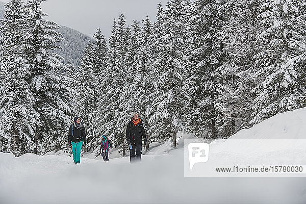 Eine Gruppe von Freunden wandert im Winter durch einen kanadischen Wald.