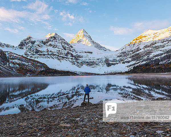 A man taking in the view across a lake to the panoramic view of Mount Assiniboine  Great Divide  Canadian Rockies  Alberta  Canada
