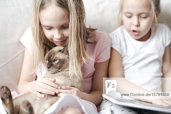 Smiling little girl stroking Burmese cat while her sister reading a book