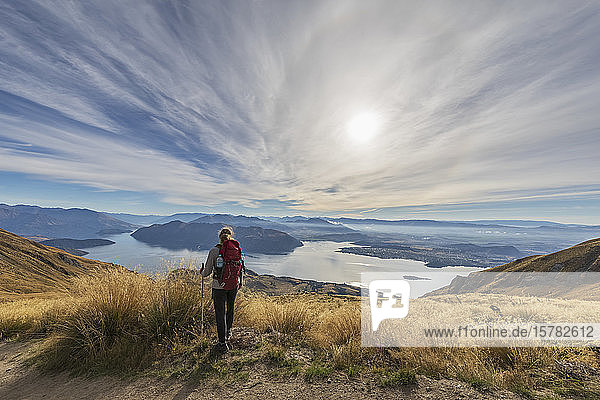 Woman hiking at Roys Peak  Lake Wanaka  New Zealand