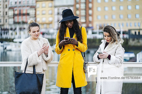 Freundinnen mit Mobiltelefonen im Yachthafen der Stadt