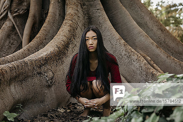 Schöne junge Frau in einem roten Kleid  die an einem Baum mit großen Wurzeln kauert