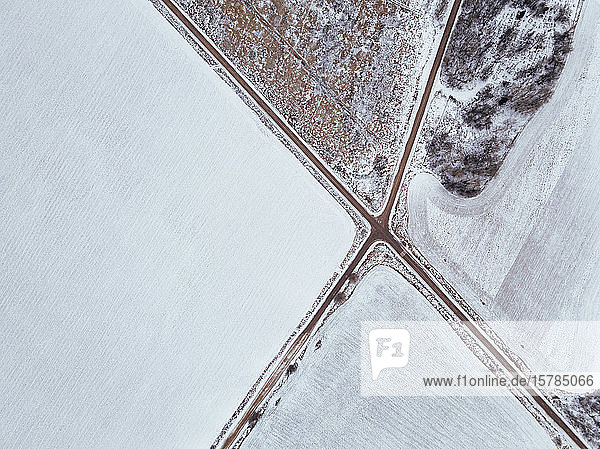 Russia Moscow region Aerial view of crossroad and snow covered fields