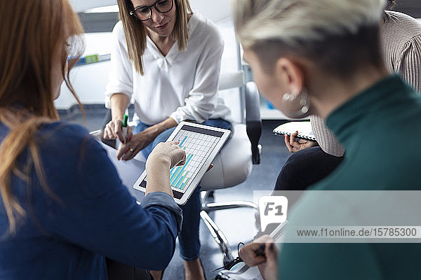 Geschäftsfrauen verwenden Diagramme auf einem digitalen Tablet während einer Besprechung in einem Büro