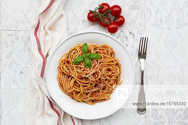 Spaghettiteller mit Tomatensauce  Parmesankäse und Basilikum