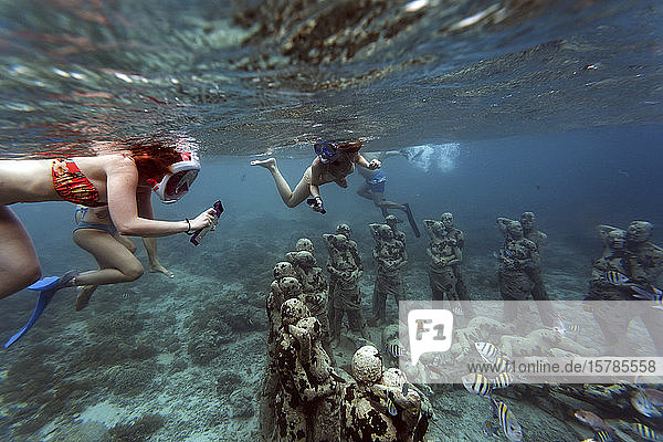 Snorkeler swimming near underwater sculpture made by Jason deCaires Taylor  Gili Meno island  Bali  Indonesia
