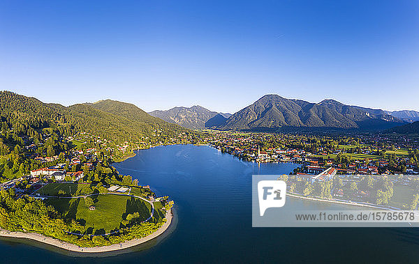 Germany  Bavaria  Rottach-Egern  Aerial view of clear sky over lakeshore town