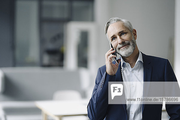 Porträt eines lächelnden reifen Geschäftsmannes am Telefon