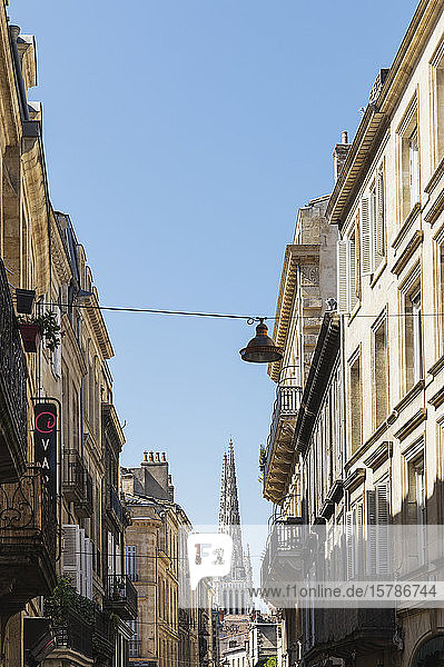 France Gironde Bordeaux Old town residential buildings with Bordeaux Cathedral in background