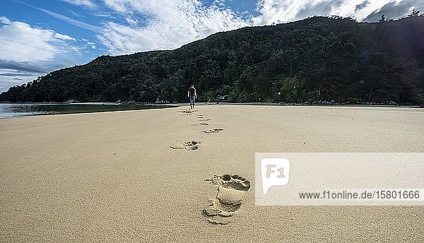 Footprints in the sand  Young man on the beach of Stillwell Bay  Abel Tasman National Park  Tasman  South Island  New Zealand  Oceania