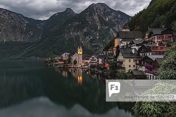 Evening mood View of Hallstatt with church Lake Hallstatt Salzkammergut Cultural landscape Hallstatt-Dachstein SalzkammergutUpper Austria Austria Europe