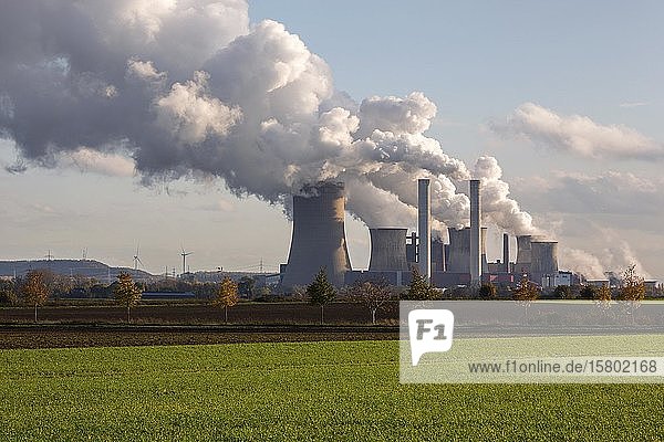 RWE Power AG  Niederaussem power plant  lignite-fired power plant  steaming chimneys  coal exit  Bergheim  Rhenish lignite mining area  North Rhine-Westphalia  Germany  Europe