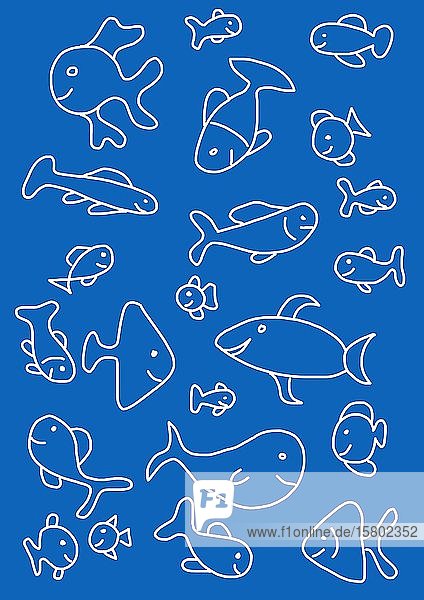 Naive Illustration  Kinderzeichnung  Verschiedene Fische schwimmen im Meer  Deutschland  Europa