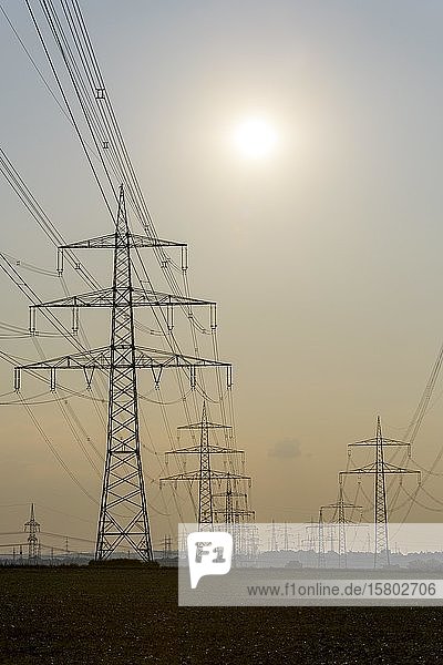 Power lines transmission lines high voltage pylons Baden-Württemberg Germany Europe
