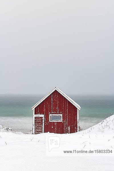 Rorbuer Fischerhütte am Strand im Schnee  Ramberg  Flakstadøya  Lofoten  Norwegen  Europa