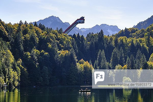 Lake Freiberg and Heini-Klopfer ski jump  near Oberstdorf  Oberallgäu  Allgäu  Swabia  Bavaria  Germany  Europe