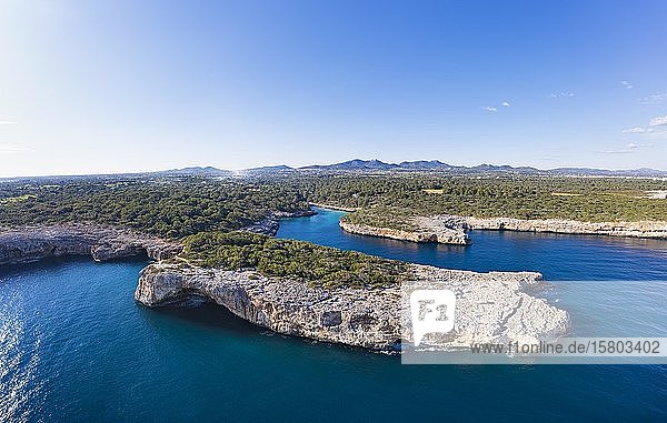 Cala Sa Nau with Forat d'en Mengo  near Cala d'Or  Migjorn region  drone shot  Majorca  Balearic Islands  Spain  Europe