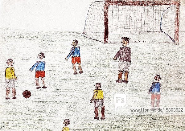 Naive illustration children's drawing children playing soccer Germany Europe