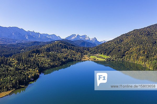 Lake Barmsee near Krün  Wetterstein range with Wettersteinwand and Zugspitze  Werdenfelser Land  drone shot  Upper Bavaria  Bavaria  Germany  Europe
