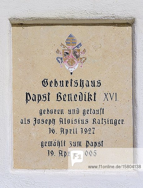 Memorial plaque at the birthplace of Pope Benedict XVI  Marktl am Inn  Upper Bavaria  Bavaria  Germany  Europe